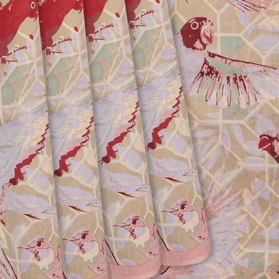 Dusty Pink Handloom Chanderi Cotton Saree With Printed Bird Motifs-Dusty Pink