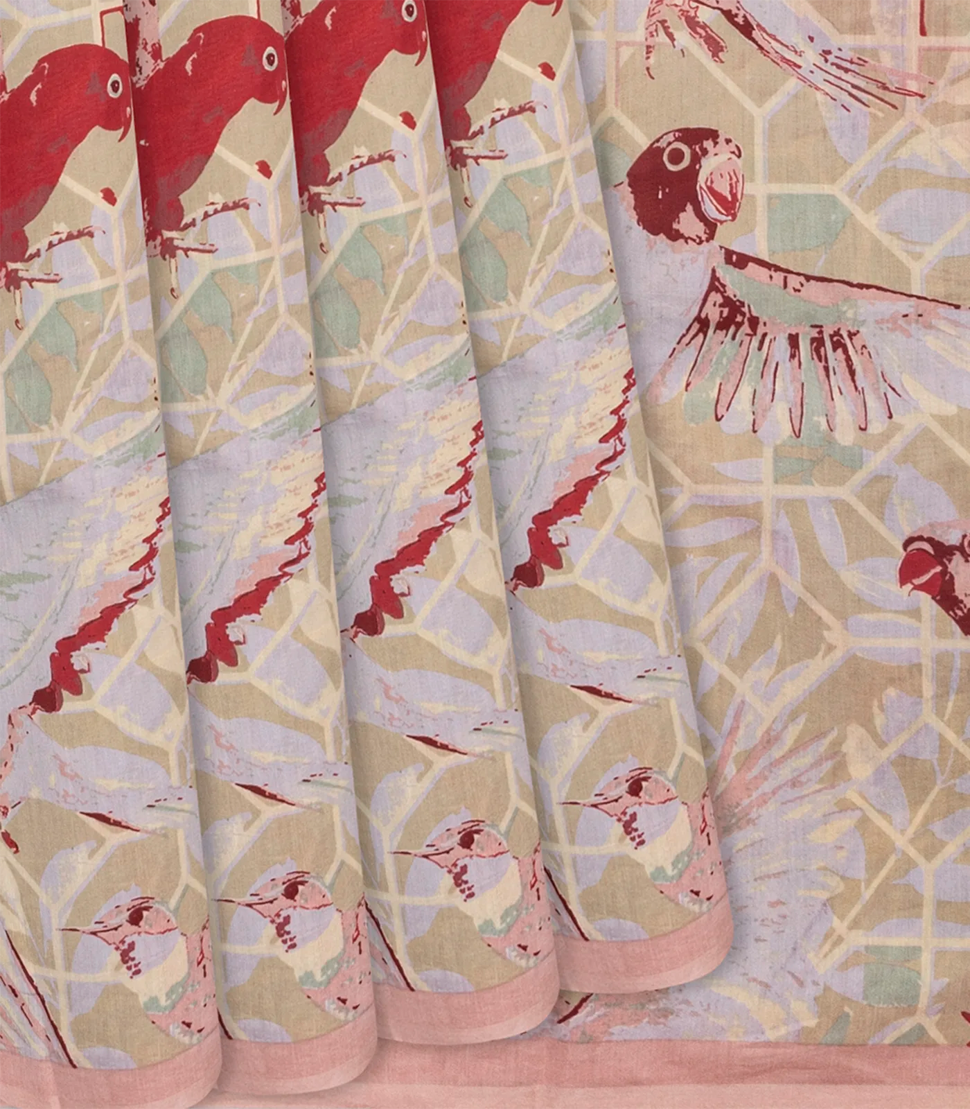 Dusty Pink Handloom Chanderi Cotton Saree With Printed Bird Motifs-Dusty Pink