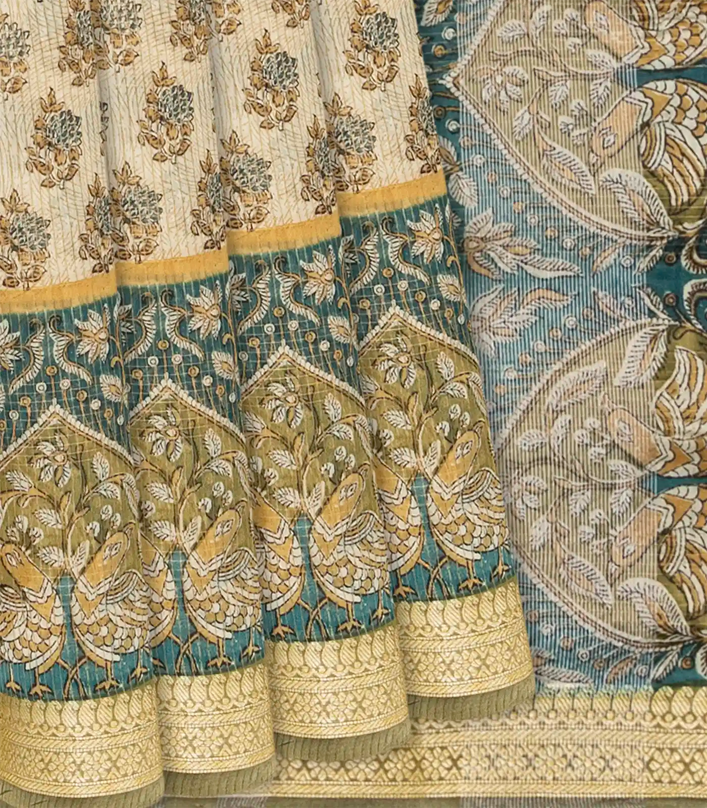 Cream Woven Chanderi Cotton Saree With Printed Bird Motifs-Cream