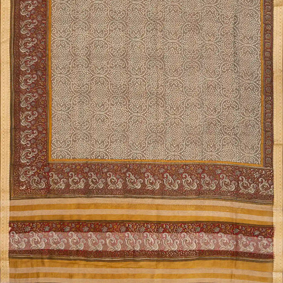 Grey Woven Chanderi Cotton Saree With Printed Motifs-Grey