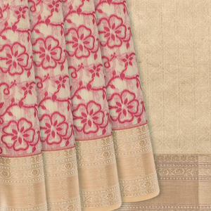 Beige Woven Chanderi Cotton Saree With Peach Floral Vine Motifs-Beige