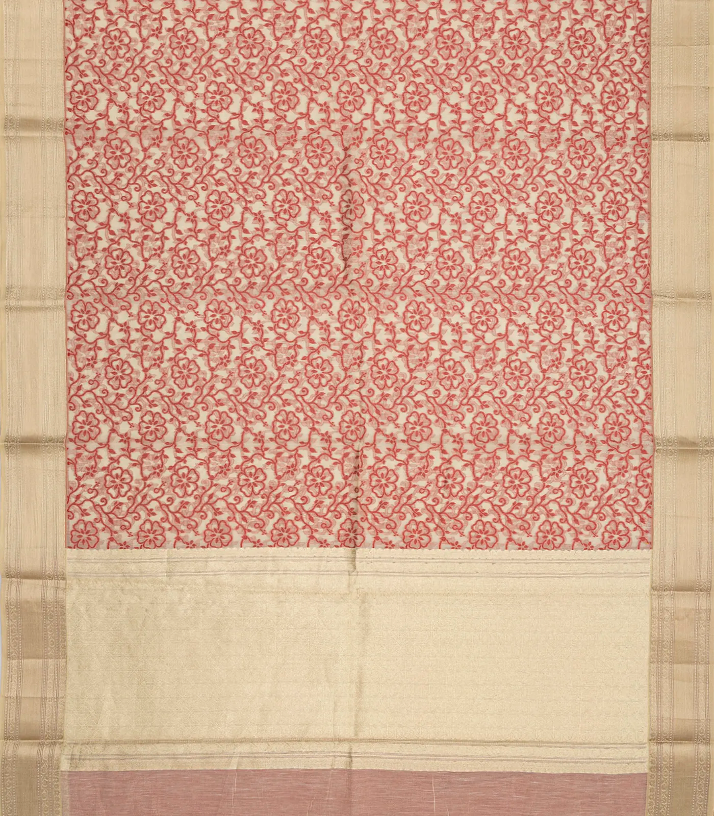 Beige Woven Chanderi Cotton Saree With Peach Floral Vine Motifs-Beige