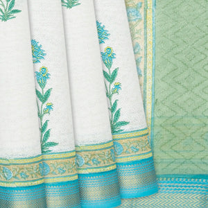 Off White Handloom Chanderi Cotton Saree With Printed Floral Motifs-Off White