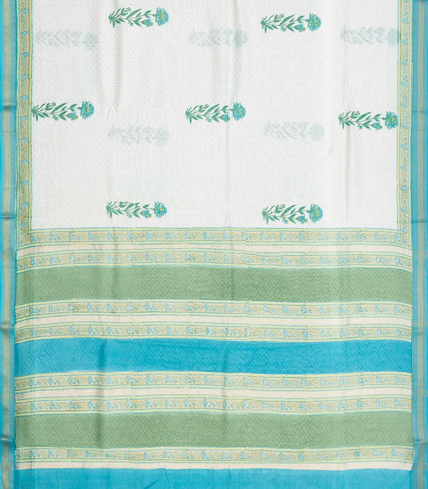 Off White Handloom Chanderi Cotton Saree With Printed Floral Motifs-Off White