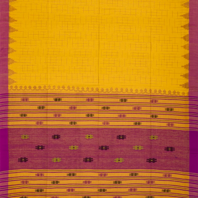 Yellow Chanderi Cotton Saree With Checks-Yellow