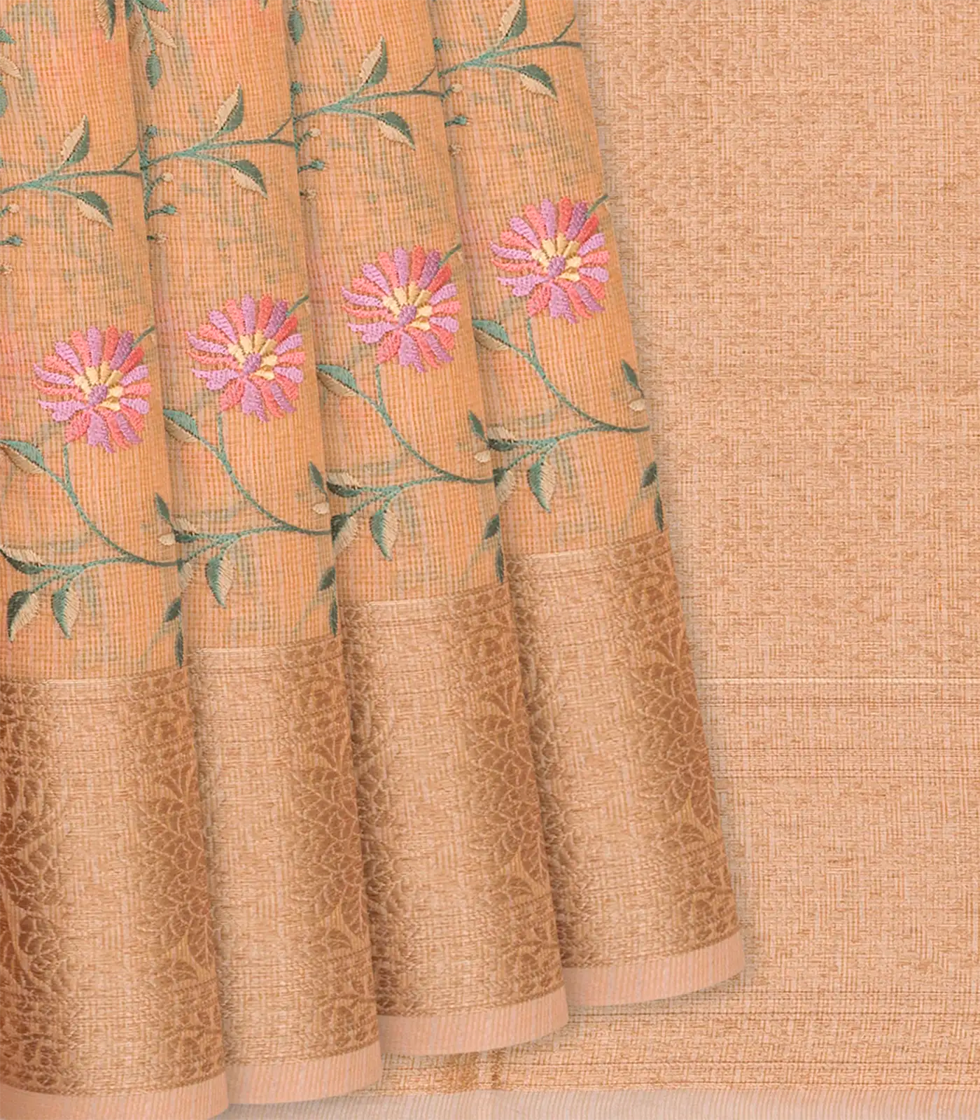 Light Peach Chanderi Cotton Saree With Zari Border-Light Peach