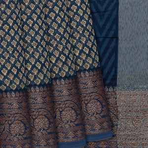 Blue Chanderi Cotton Saree Printed With Floral Motifs-Blue