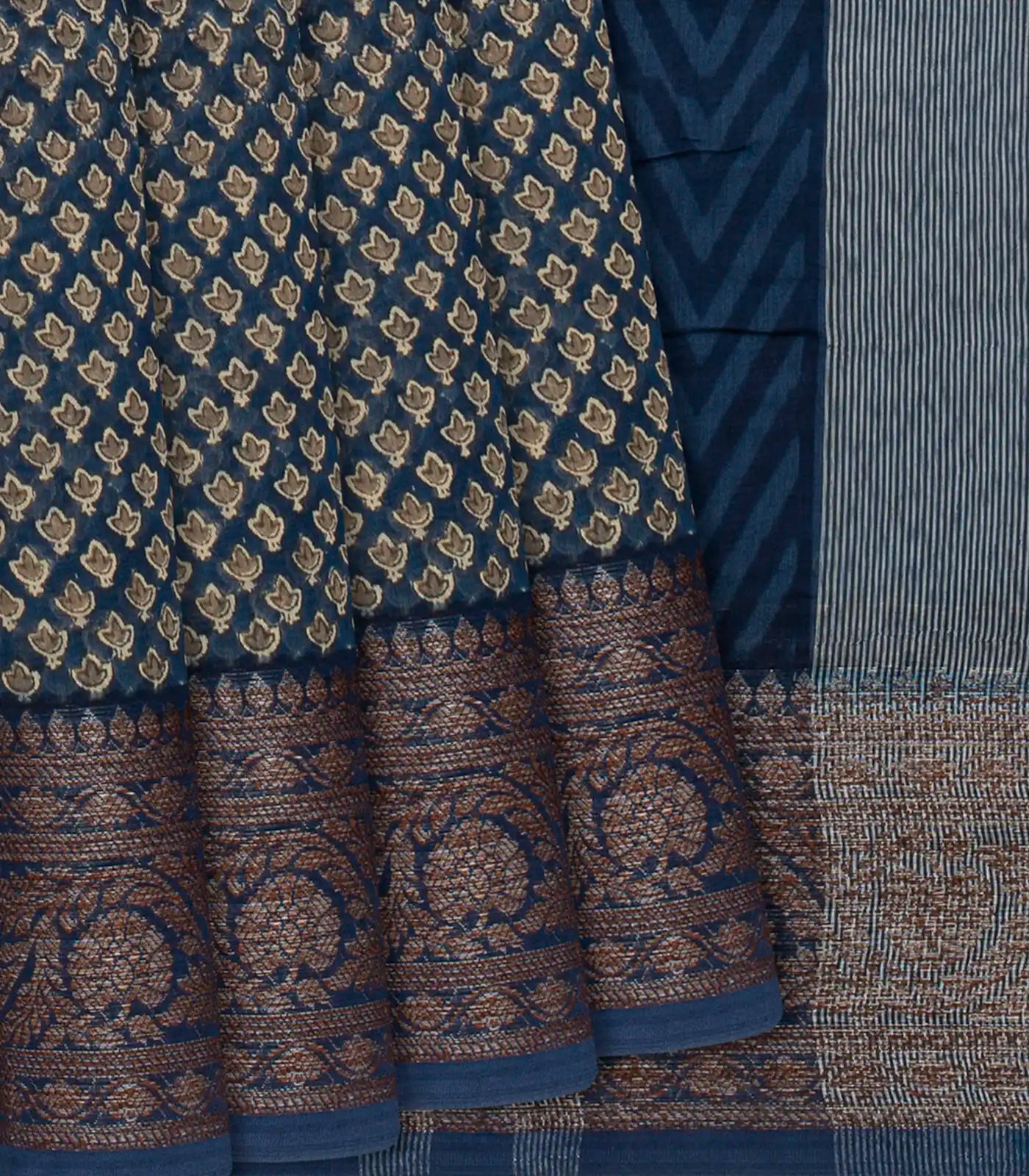 Blue Chanderi Cotton Saree Printed With Floral Motifs-Blue