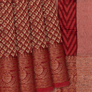 Red Chanderi Cotton Saree Printed With Floral Motifs-Red