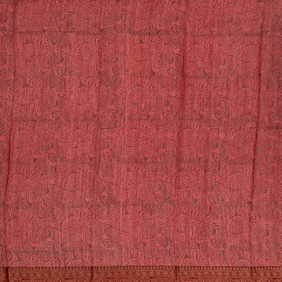 Red Chanderi Cotton Saree Printed With Floral Motifs-Red