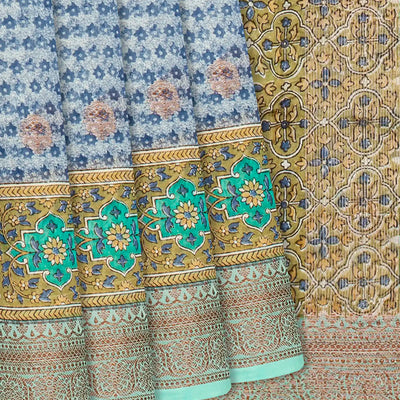 Light Blue Chanderi Cotton Saree Printed With Floral Motifs & Buttas-Light Blue
