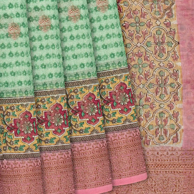 Light Green Chanderi Cotton Saree Printed With Floral Motifs & Buttas-Light Green