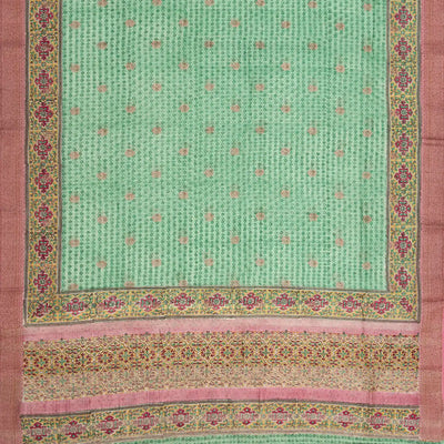 Light Green Chanderi Cotton Saree Printed With Floral Motifs & Buttas-Light Green