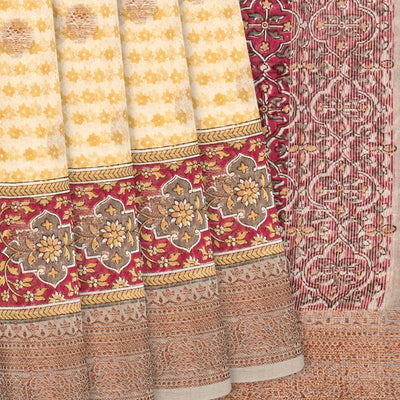 Cream Chanderi Cotton Saree Printed With Floral Motifs & Buttas-Cream