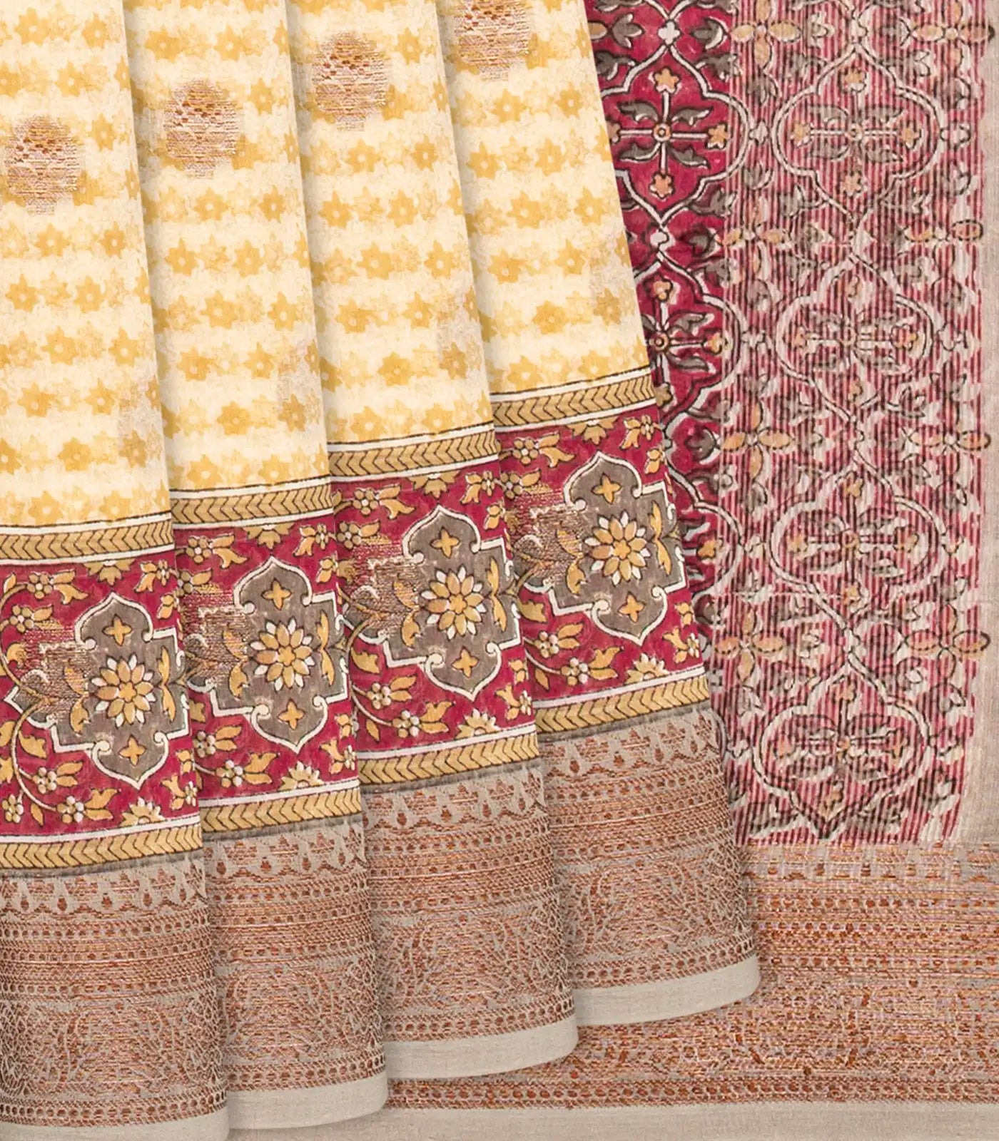 Cream Chanderi Cotton Saree Printed With Floral Motifs & Buttas-Cream