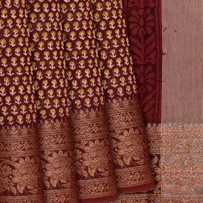 Maroon Chanderi Cotton Saree Printed With Floral Motifs-Maroon