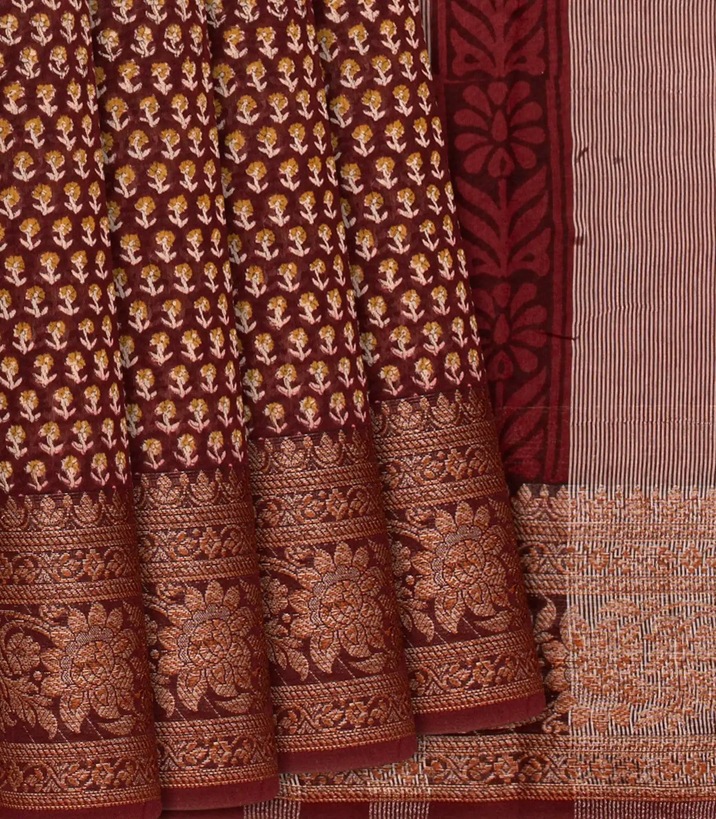 Maroon Chanderi Cotton Saree Printed With Floral Motifs-Maroon