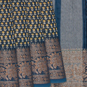 Dark Grey Chanderi Cotton Saree Printed With Floral Motifs-Dark Grey