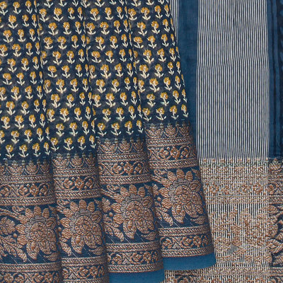 Dark Grey Chanderi Cotton Saree Printed With Floral Motifs-Dark Grey