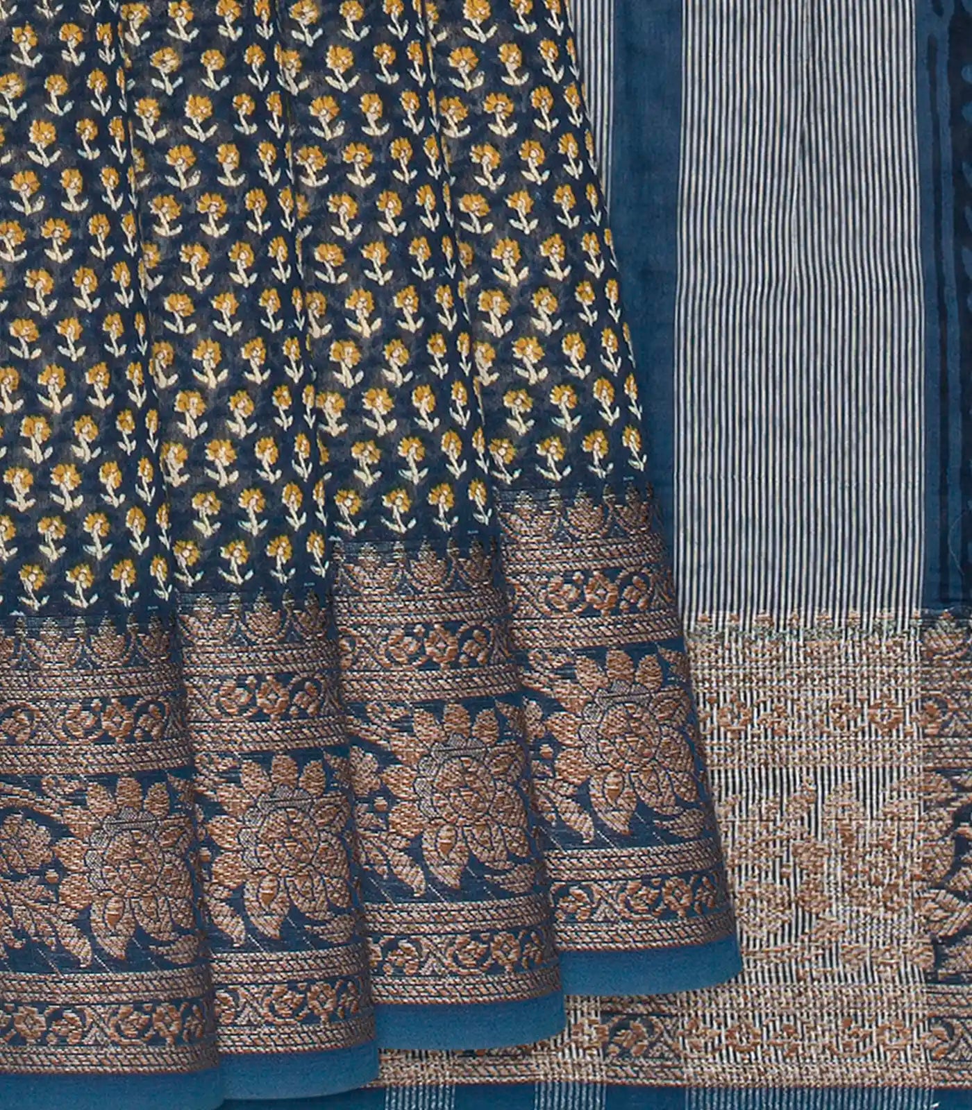 Dark Grey Chanderi Cotton Saree Printed With Floral Motifs-Dark Grey