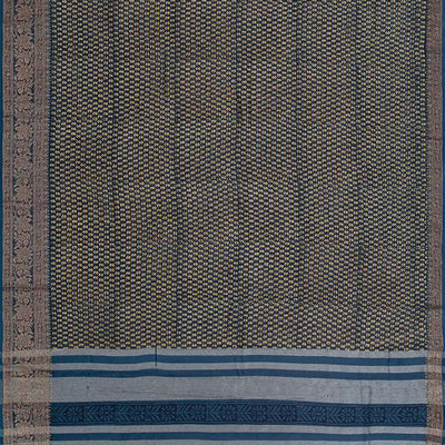 Dark Grey Chanderi Cotton Saree Printed With Floral Motifs-Dark Grey