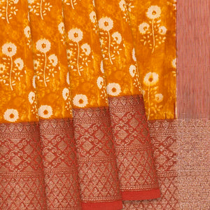 Orange Chanderi Cotton Saree Printed With Floral Motifs-Orange