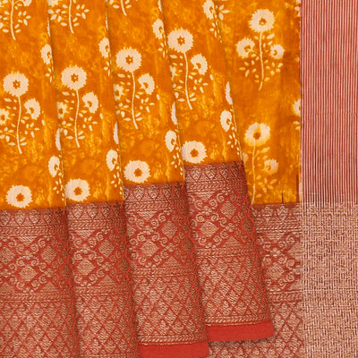 Orange Chanderi Cotton Saree Printed With Floral Motifs-Orange