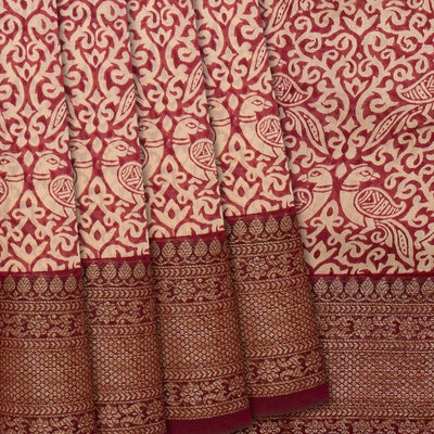 Magenta Chanderi Cotton Saree Printed With Peacock Motifs-Magenta