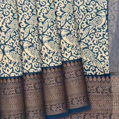 Blue Chanderi Cotton Saree Printed With Peacock Motifs-Blue