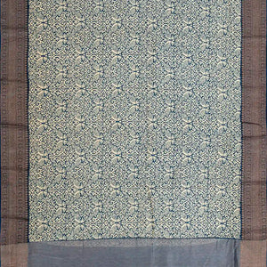 Blue Chanderi Cotton Saree Printed With Peacock Motifs-Blue