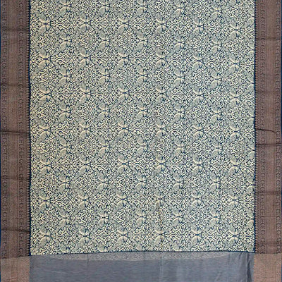 Blue Chanderi Cotton Saree Printed With Peacock Motifs-Blue