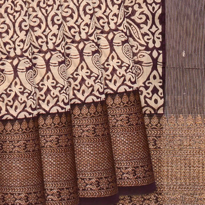 Maroon Chanderi Cotton Saree Printed With Peacock Motifs-Maroon