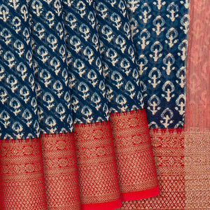 Indigo Chanderi Cotton Saree Printed With Floral Motifs-Ink Blue
