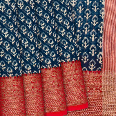 Indigo Chanderi Cotton Saree Printed With Floral Motifs-Ink Blue