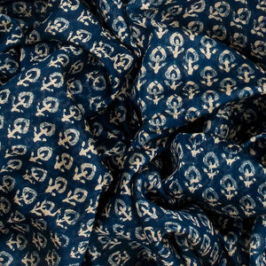 Indigo Chanderi Cotton Saree Printed With Floral Motifs-Ink Blue