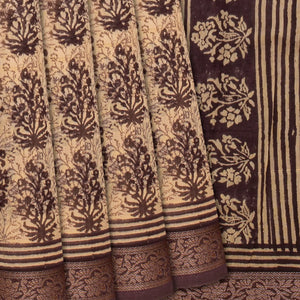 Brown Chanderi Cotton Saree Printed With Floral Motifs -Brown