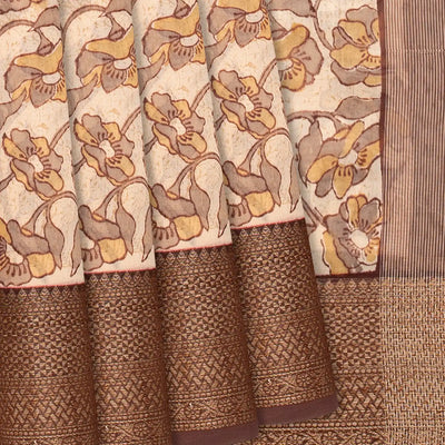 Cream Chanderi Cotton Saree Printed With Floral Motifs & Brown Border-Cream