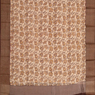 Cream Chanderi Cotton Saree Printed With Floral Motifs & Brown Border-Cream