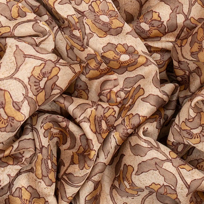 Cream Chanderi Cotton Saree Printed With Floral Motifs & Brown Border-Cream