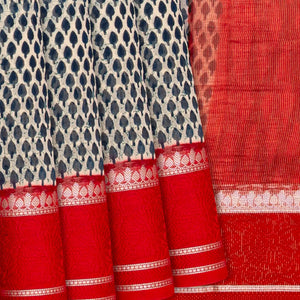 Black Chanderi Cotton Saree With Printed Motifs & Contrast Border-Black