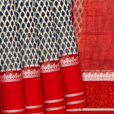 Black Chanderi Cotton Saree With Printed Motifs & Contrast Border-Black