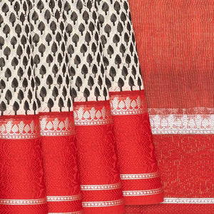 Off White Chanderi Cotton Saree With Printed Motifs & Contrast Border-Off White