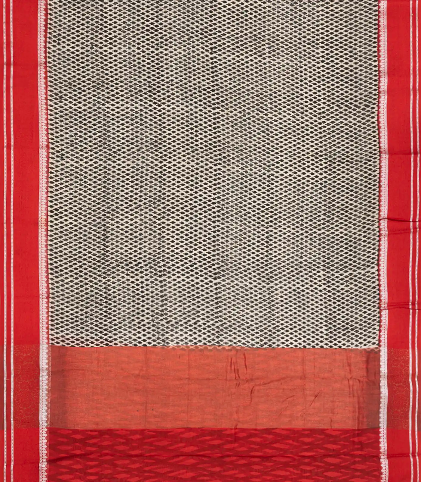 Off White Chanderi Cotton Saree With Printed Motifs & Contrast Border-Off White