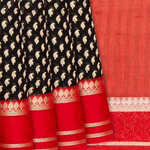 Black Chanderi Cotton Saree With Printed Motifs & Contrast Border-Black