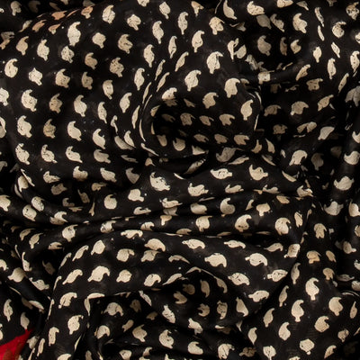 Black Chanderi Cotton Saree With Printed Motifs & Contrast Border-Black