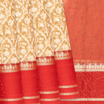 Taupe Chanderi Cotton Saree With Printed Jaal & Contrast Border-Taupe