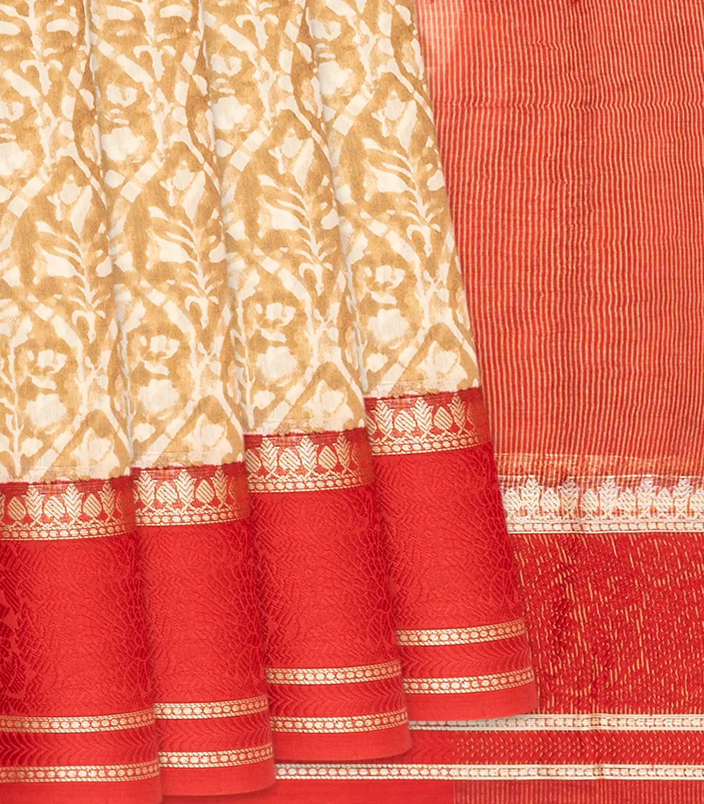 Taupe Chanderi Cotton Saree With Printed Jaal & Contrast Border-Taupe