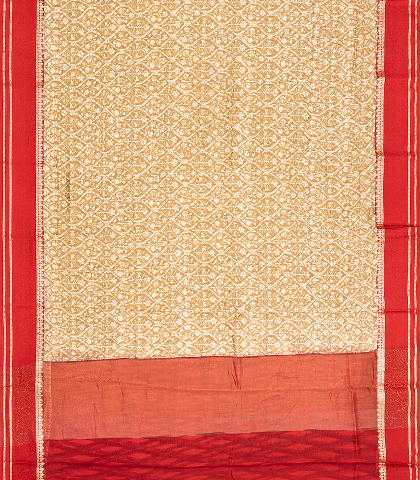 Taupe Chanderi Cotton Saree With Printed Jaal & Contrast Border-Taupe