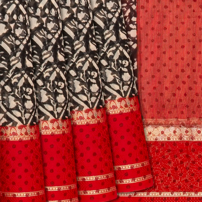 Black Chanderi Cotton Saree With Printed Jaal & Contrast Border-Black