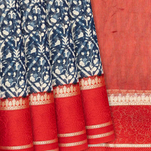 Blue Chanderi Cotton Saree With Printed Jaal & Contrast Border-Blue